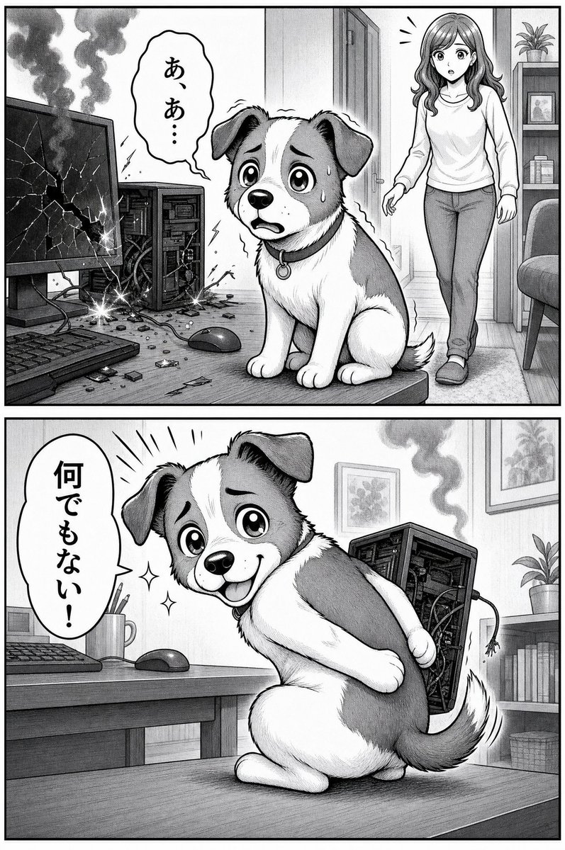 Manga Dog & Broken Computer — Two-Panel Comic Prompt