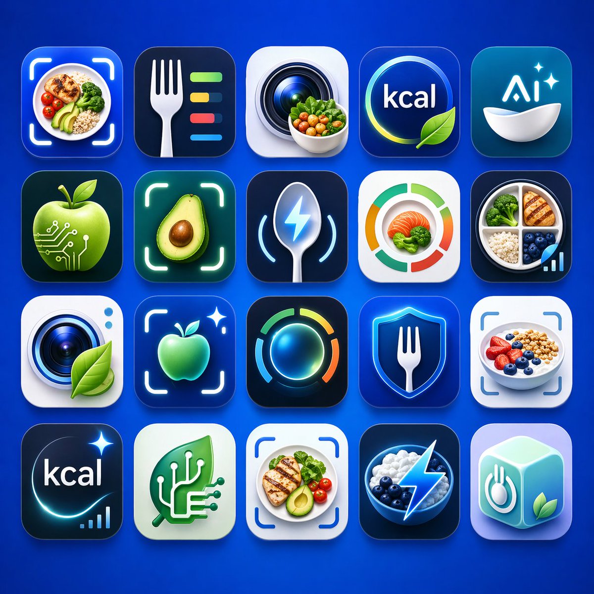 20 Nutrition App Icon Concepts Grid — Sora 2 Prompt