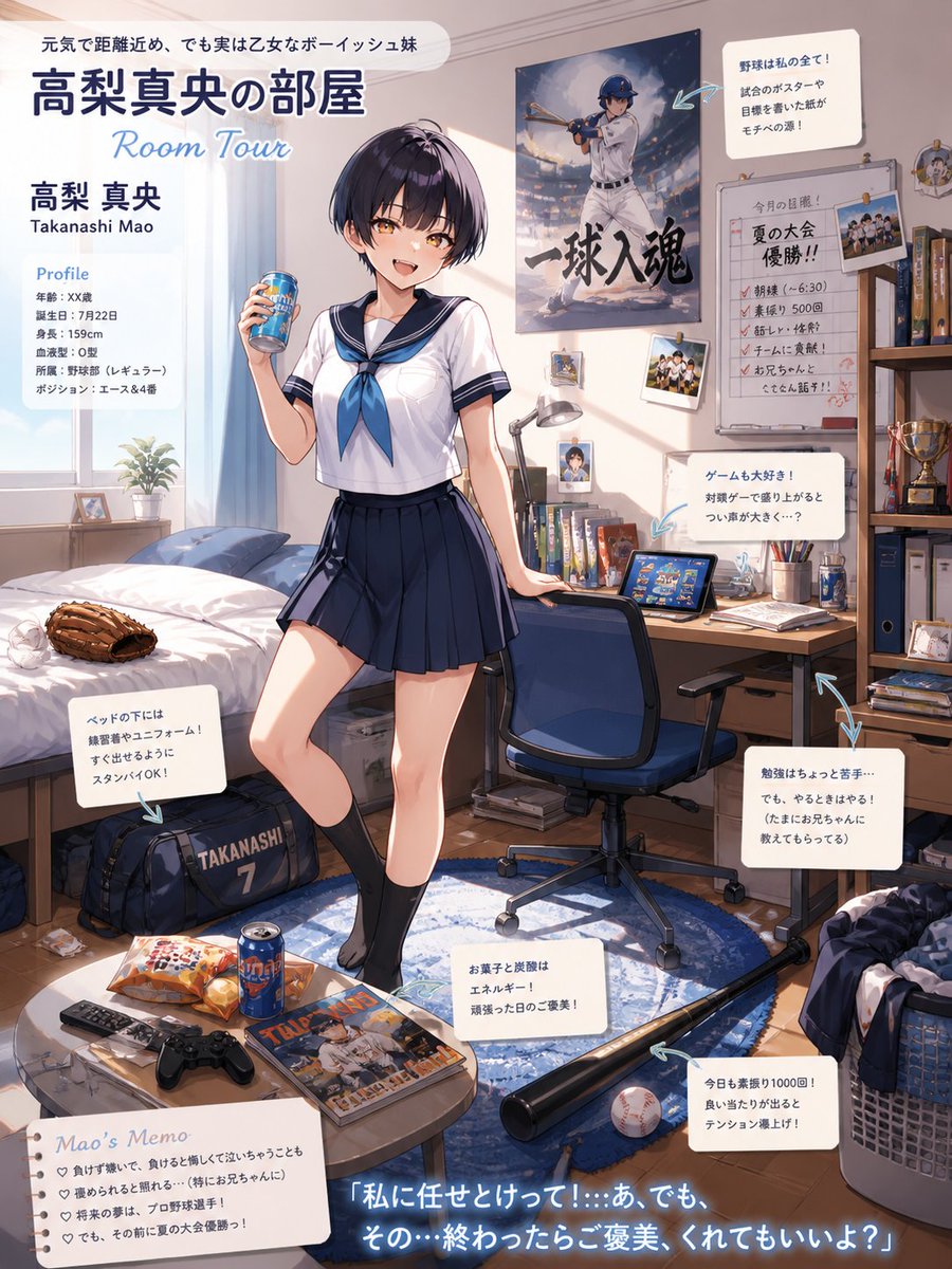 Anime Baseball Girl Room Tour — Character Profile Poster Prompt