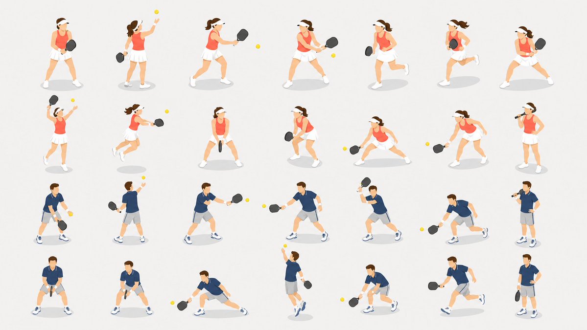 Pickleball Pose Library — 28 Vector Athletes Grid