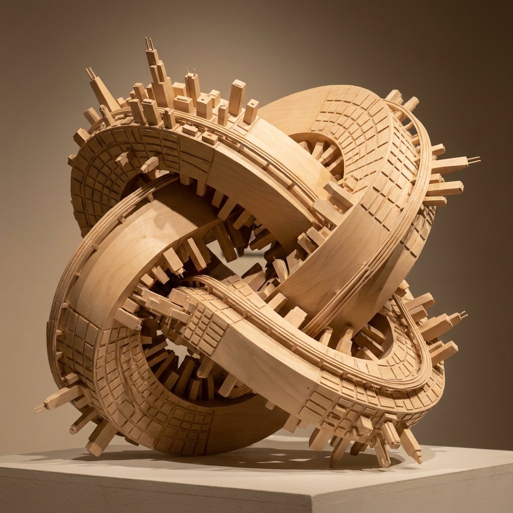 Impossible Wood City Knot — Surreal Macro Prompt