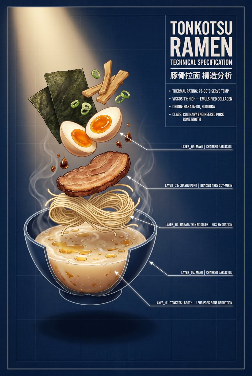 Tonkotsu Ramen Blueprint Poster — Sora 2 Prompt