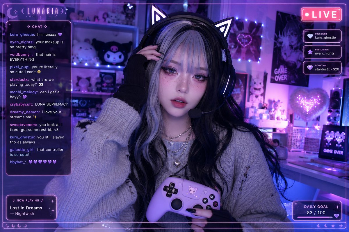 Neon Gaming Streamer Girl — Dreamy Cyberpunk Livestream Prompt