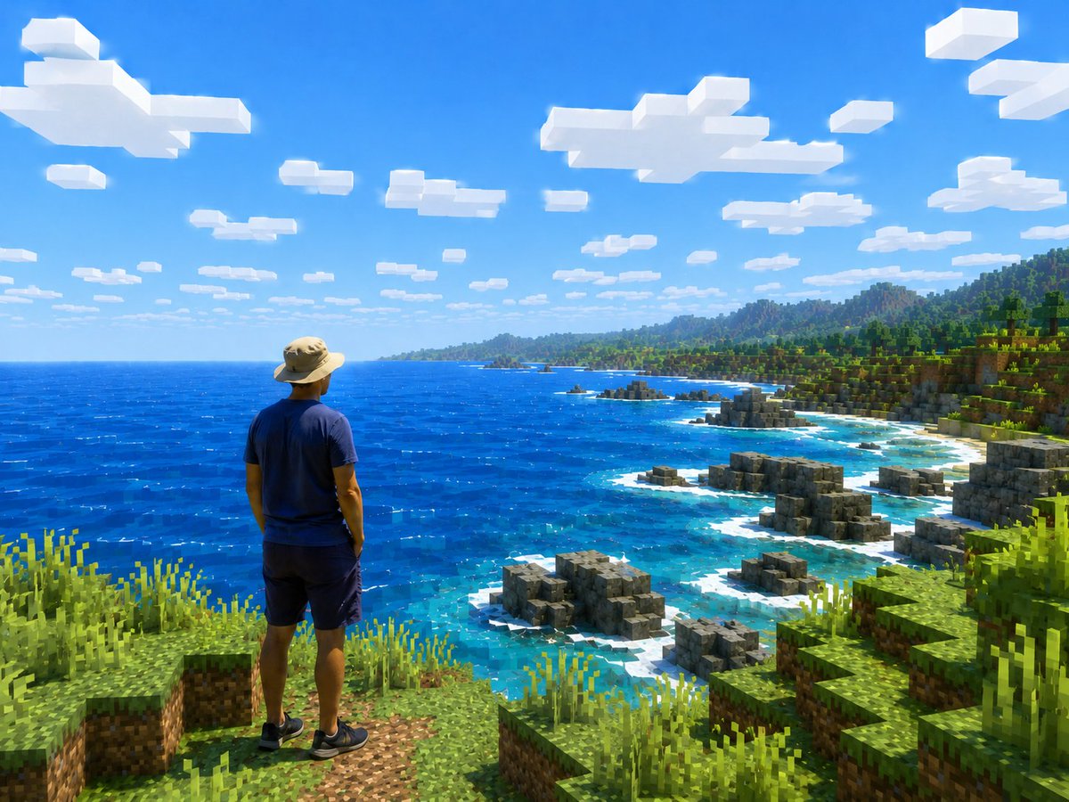 Minecraft Voxel Coast & Real Traveler — Sora 2 Prompt