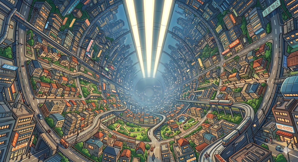 Anime O'Neill Cylinder Cityscape — Sora 2 Prompt