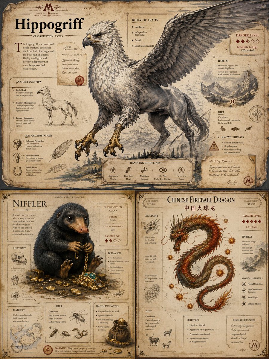 Vintage Wizard Bestiary — AI Prompt for 3-Plate Magical Creature Archive