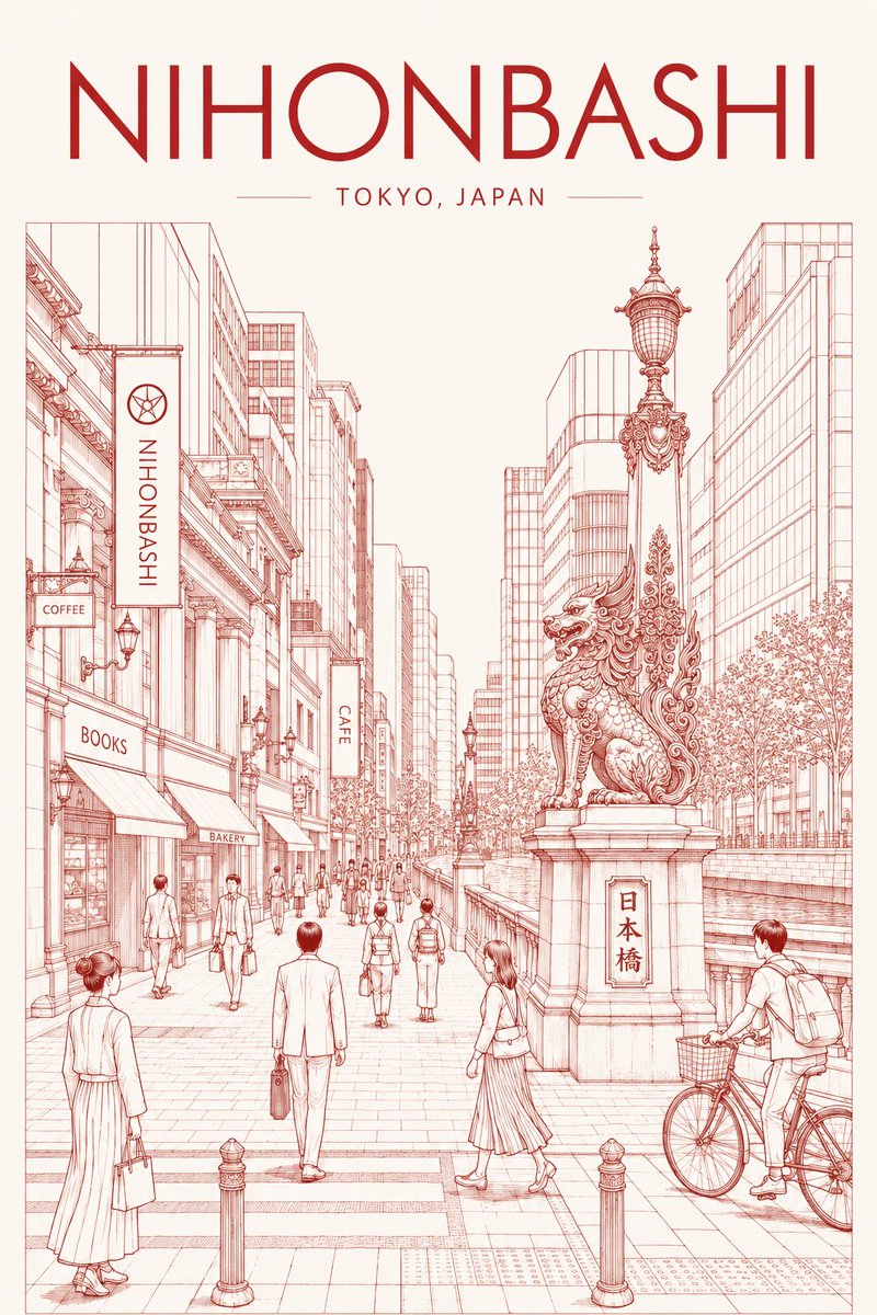 Vintage Red-Line Tokyo Travel Poster — Sora 2 Prompt