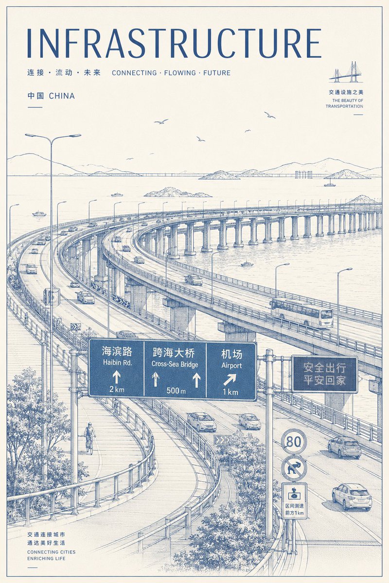 Chinese Coastal Bridge Blueprint Poster — Vintage Line Art Prompt