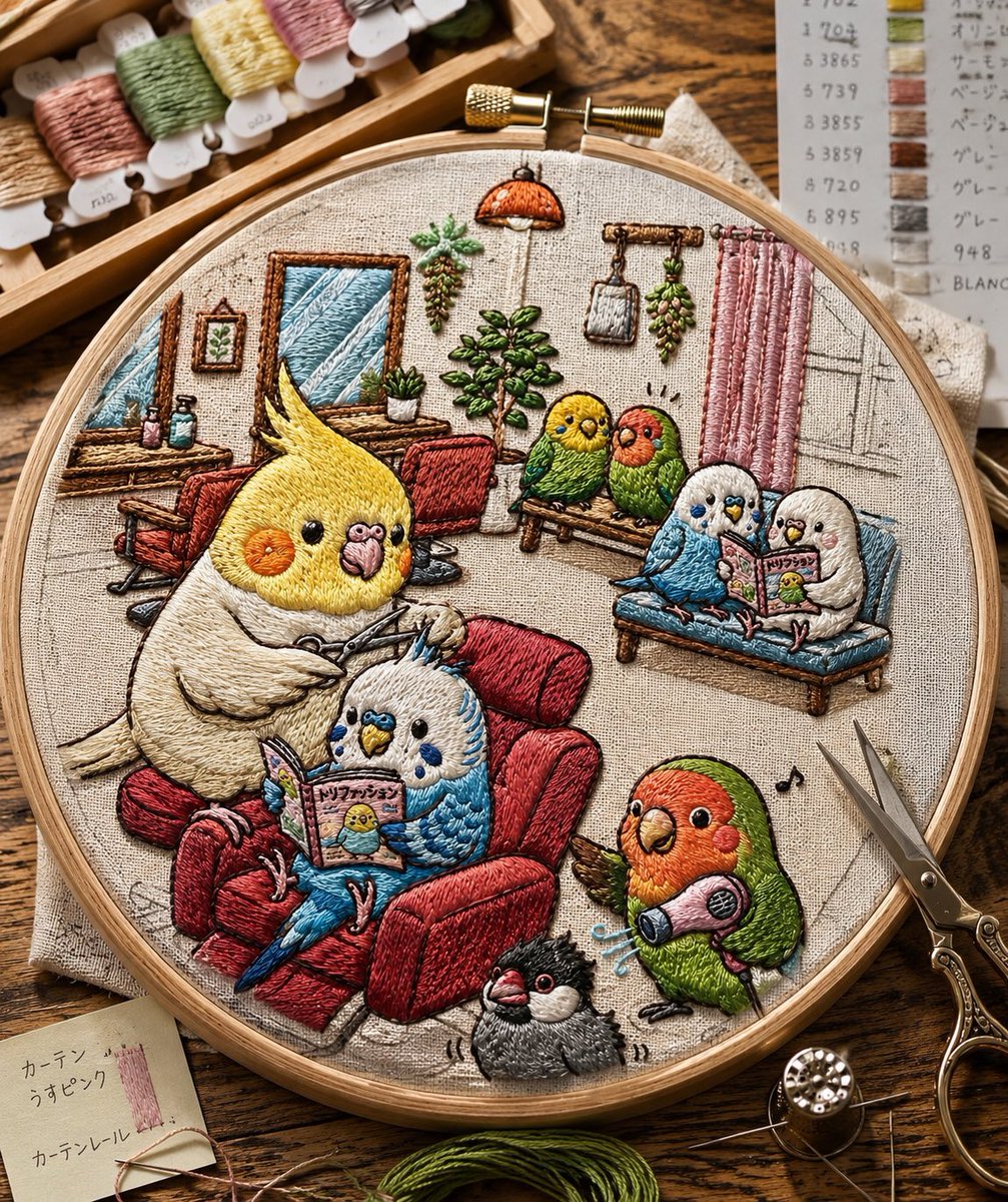 Birdie Cozy Living Room — Realistic Embroidery Hoop Prompt