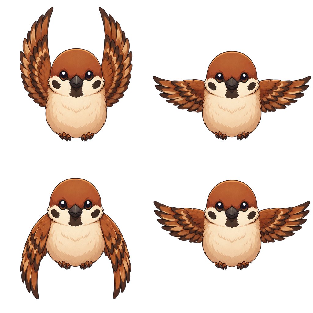 Cute Chibi Sparrow Mascot — 4 Pose Reference Sheet