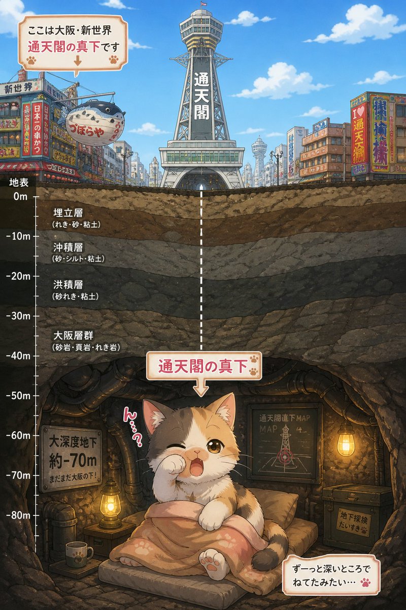 Cute Anime Cross-Section Poster: Cat Under Osaka Tower