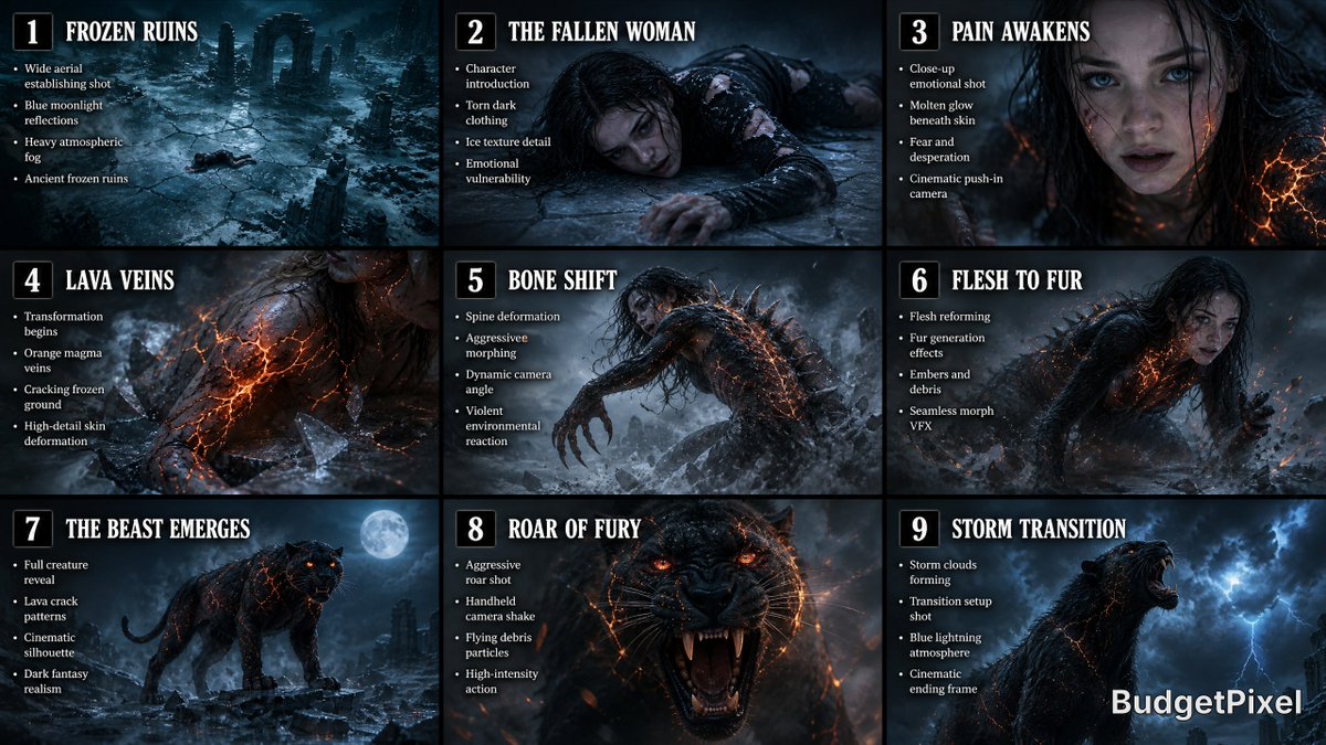 Dark Fantasy Storyboard Infographic — 9-Panel Cinematic Prompt