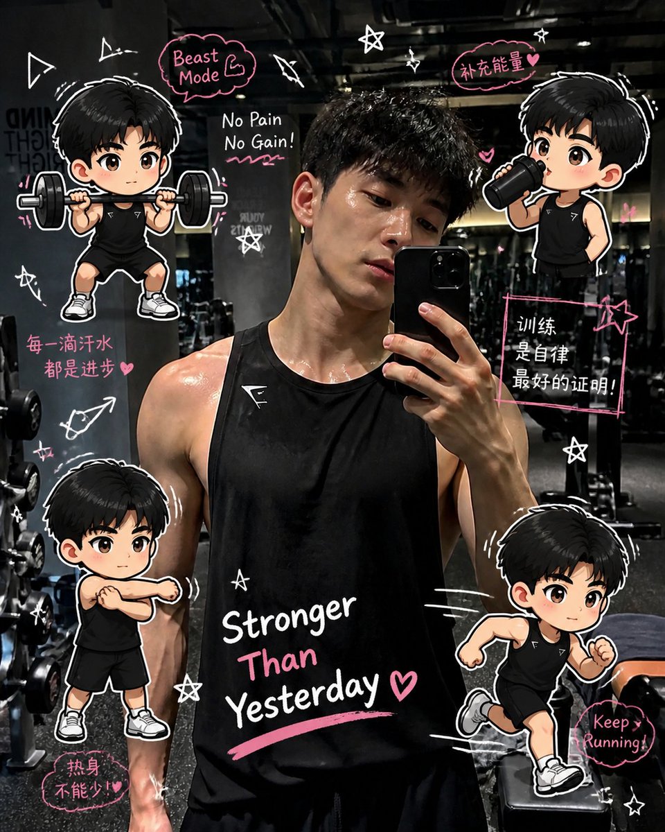 Chibi Fitness Photo Scrapbook — Cute Chibi Sticker Prompt