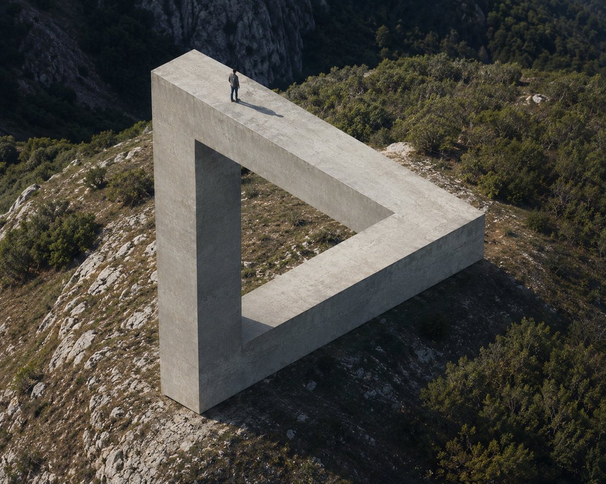 Penrose Impossible Triangle — Realistic Concrete Structure Prompt