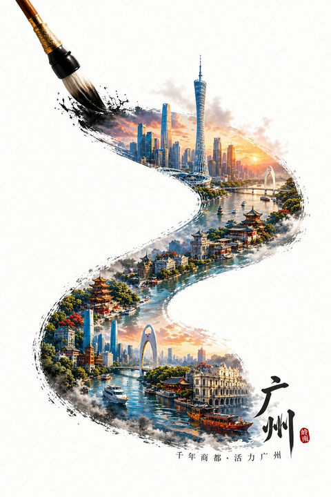 广州水墨城市风景海报 — Sora 2 提示词