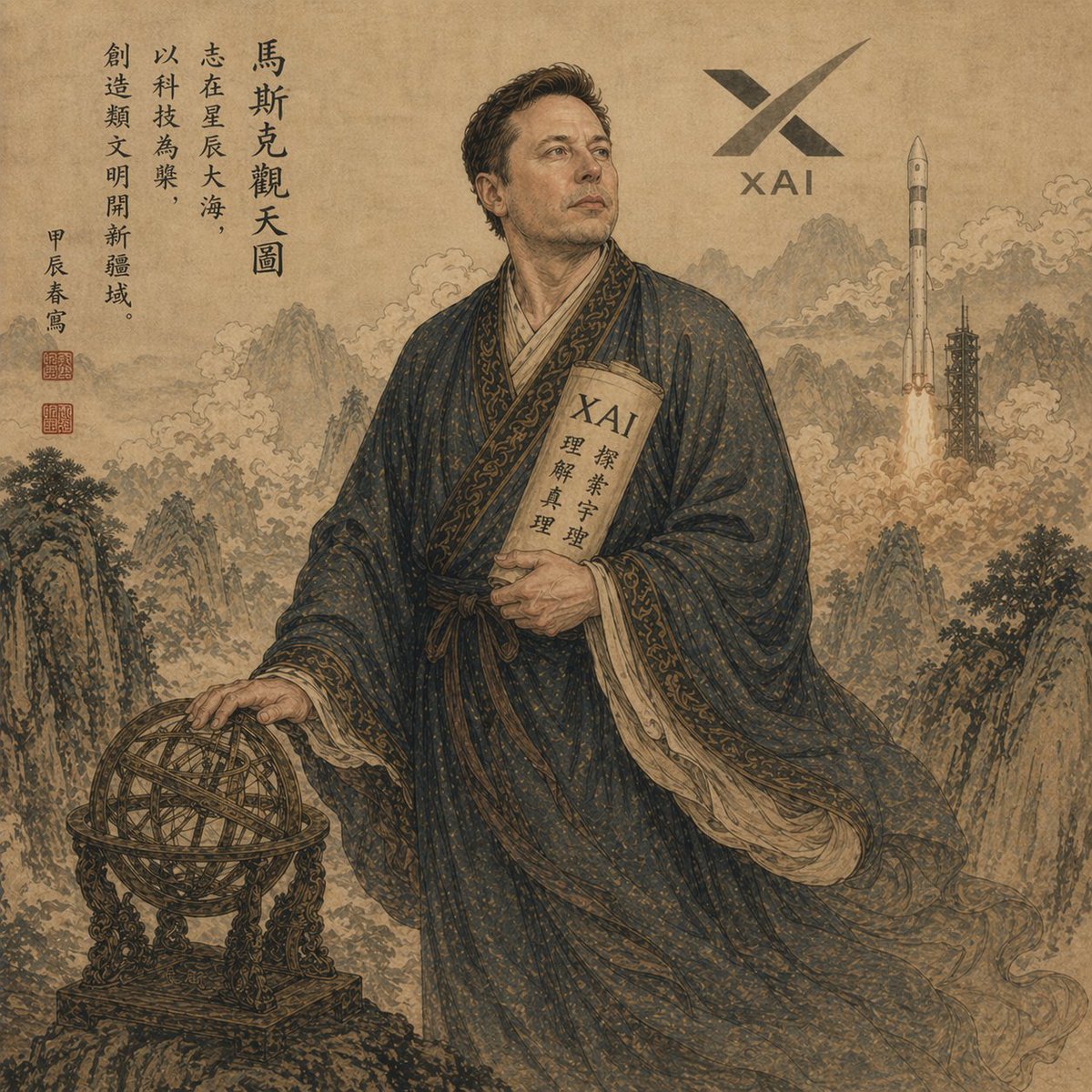 XAI Scholar & Rocket: Ancient Scroll — Sora 2 Prompt