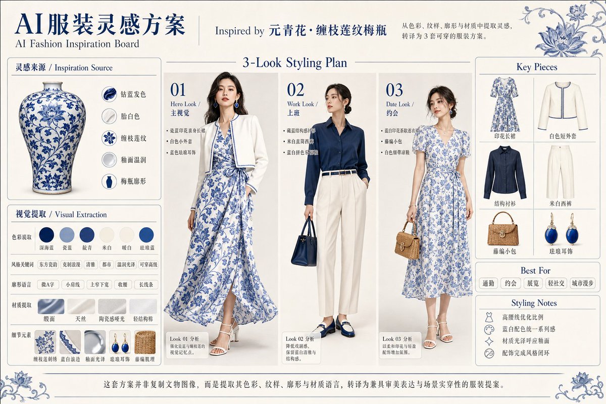 Blue & White Porcelain Fashion Concept Board — Sora 2 AI Prompt