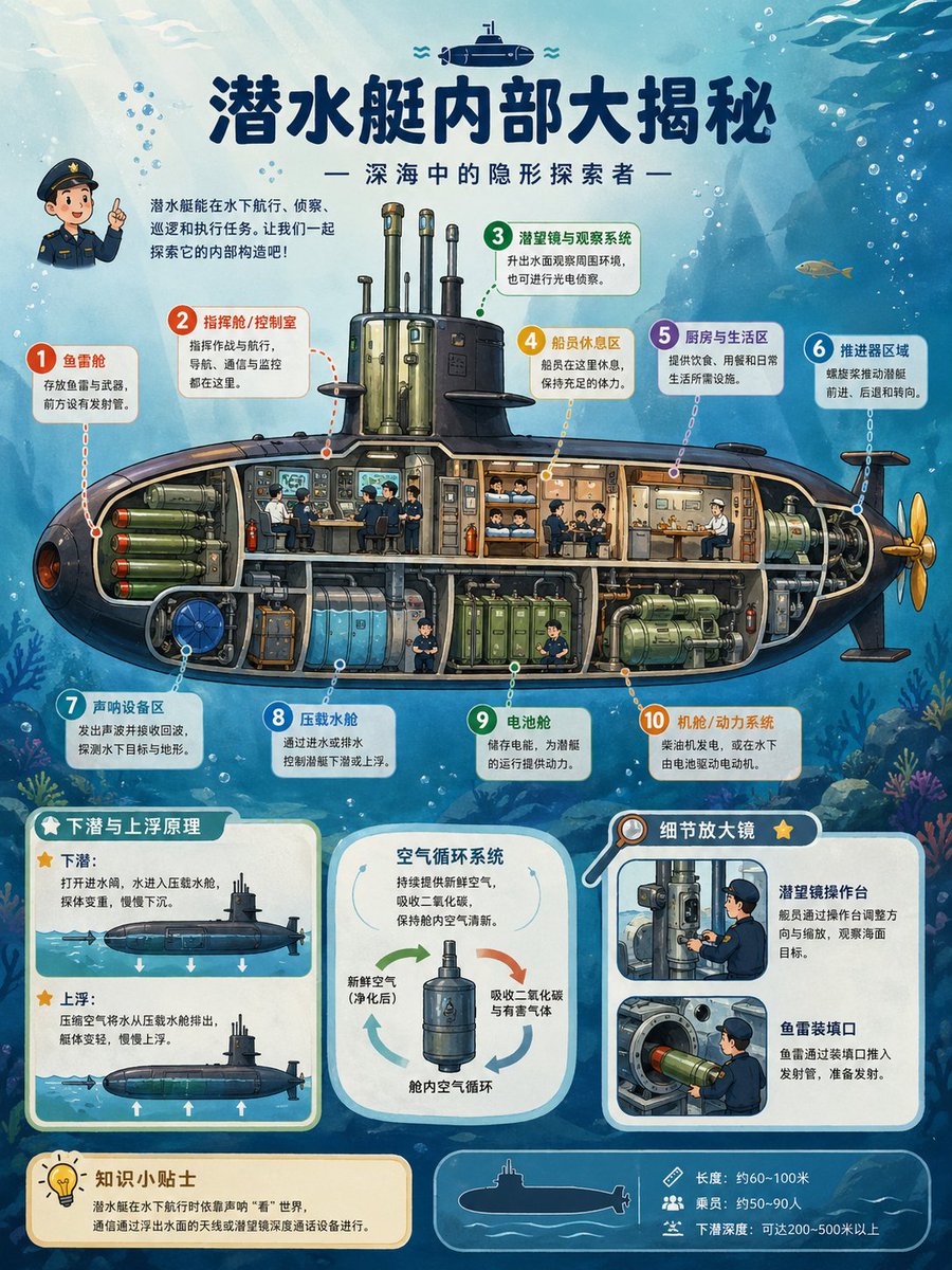 Submarine Cross-Section Poster — Educational Sora 2 Prompt