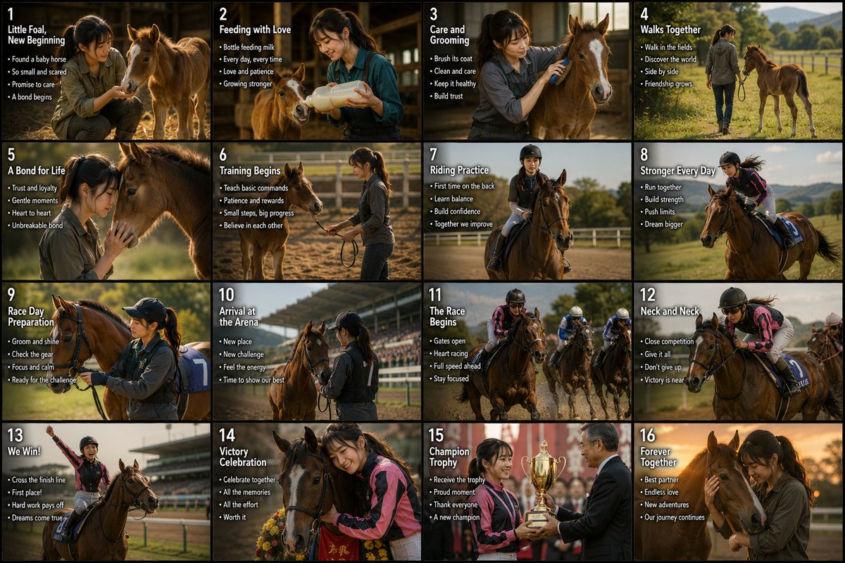 16-Frame Equestrian Storyboard — Sora 2 Prompt