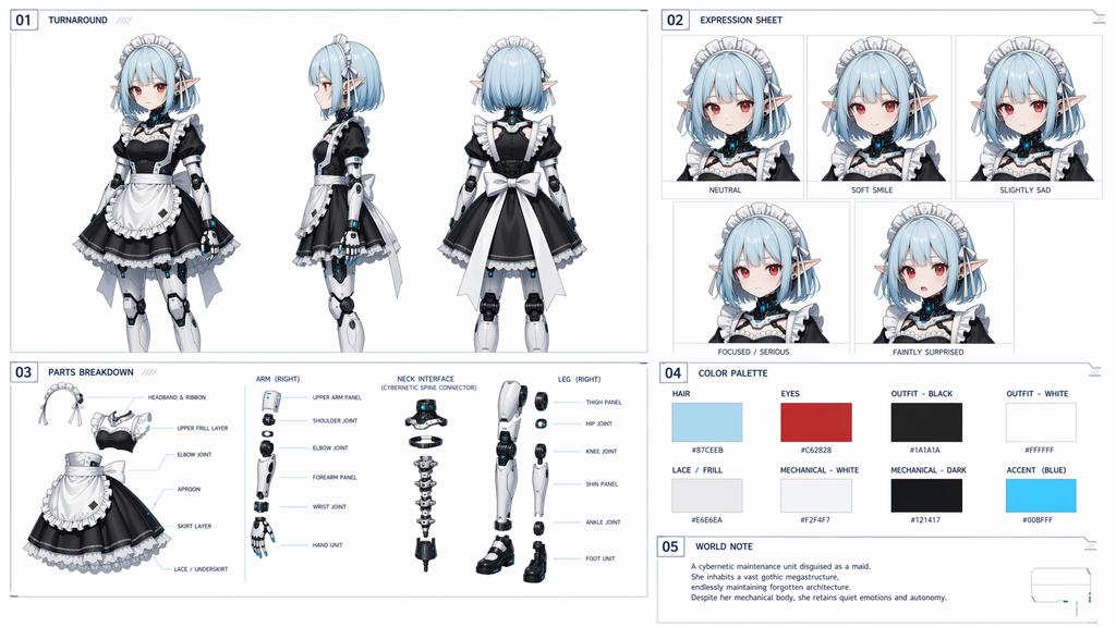 Cybernetic Maid Character Sheet — AI Design Prompt