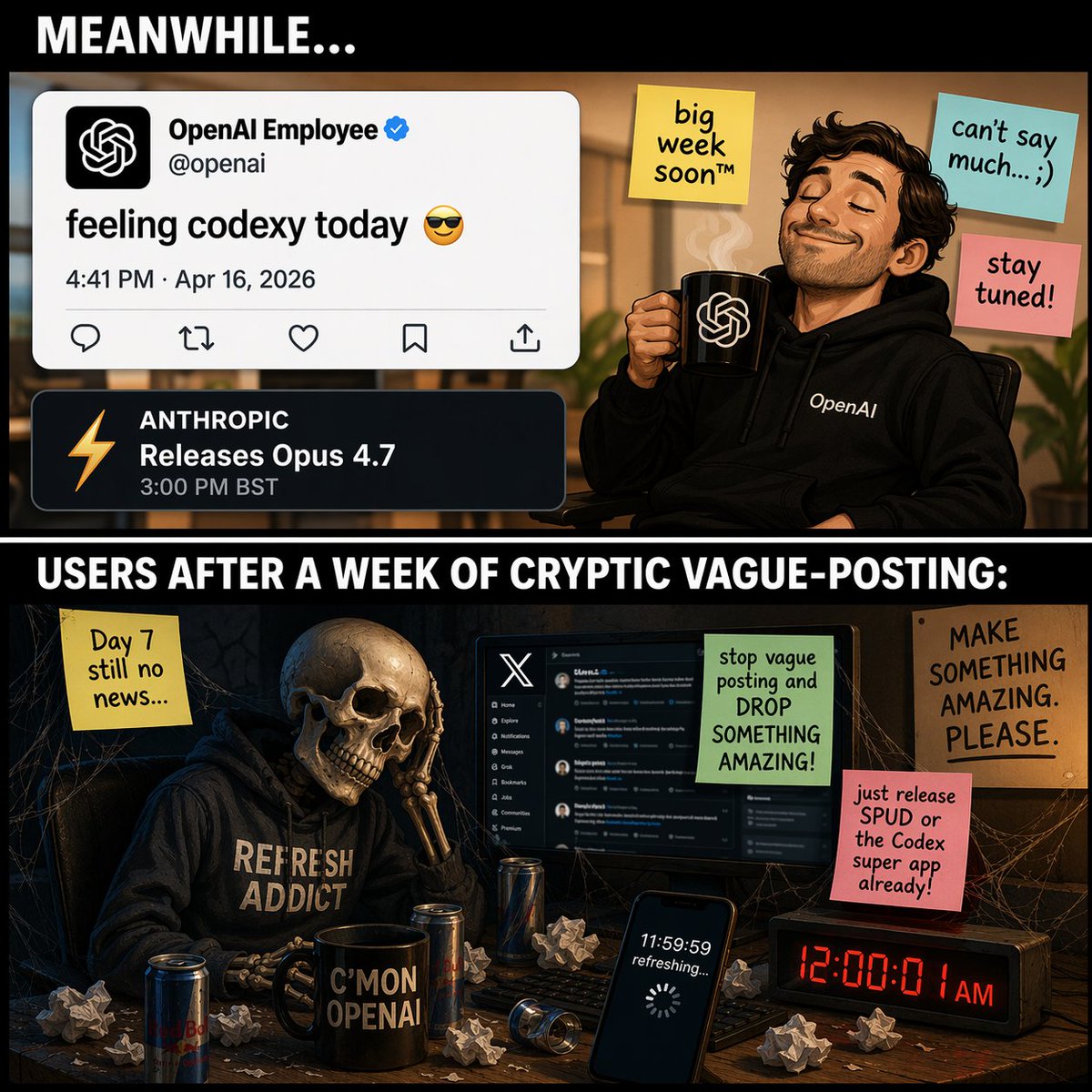Two-Panel Tech Meme Comic — Vague-Posting & Waiting