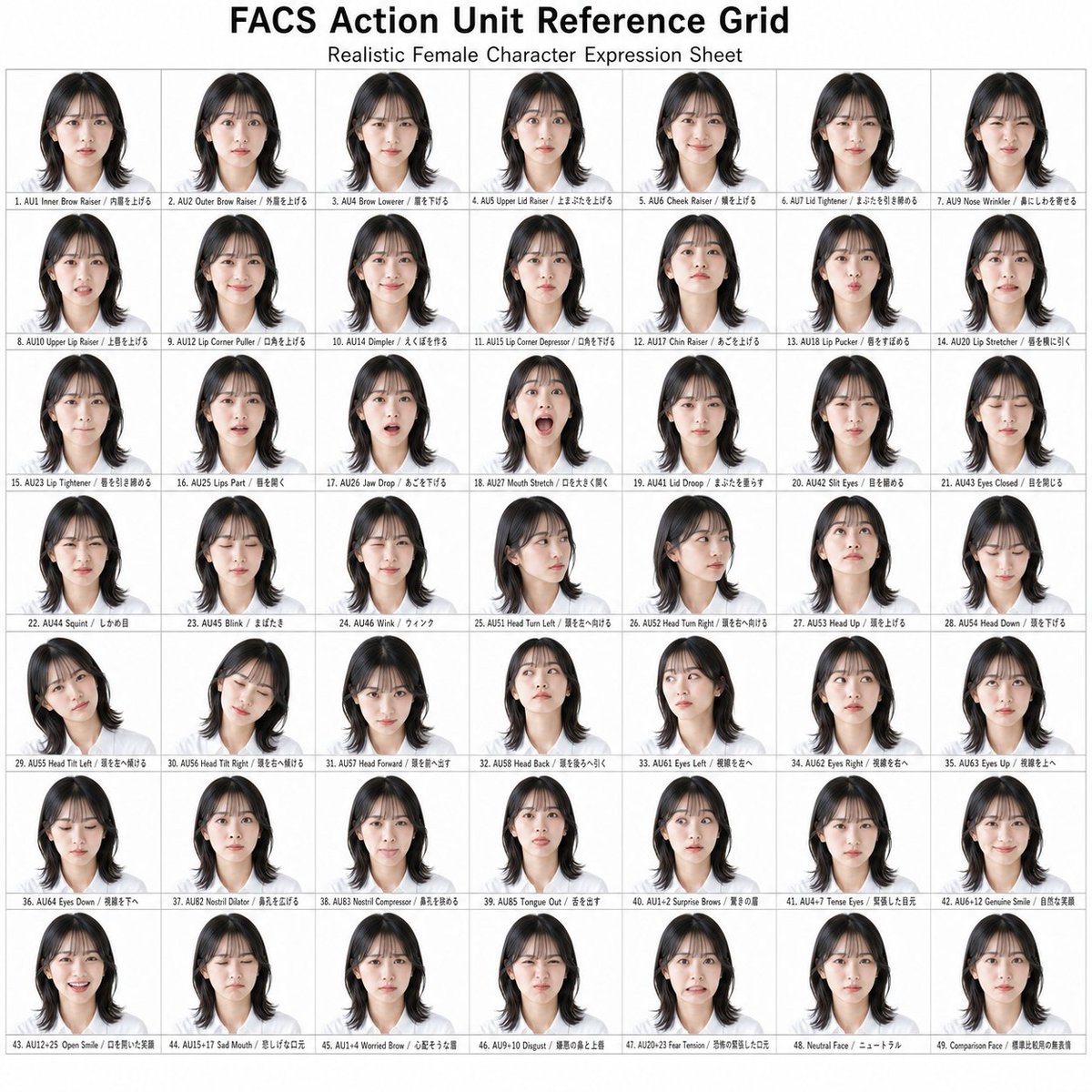 FACS Action Unit Reference Grid — Realistic Female Portrait Sheet