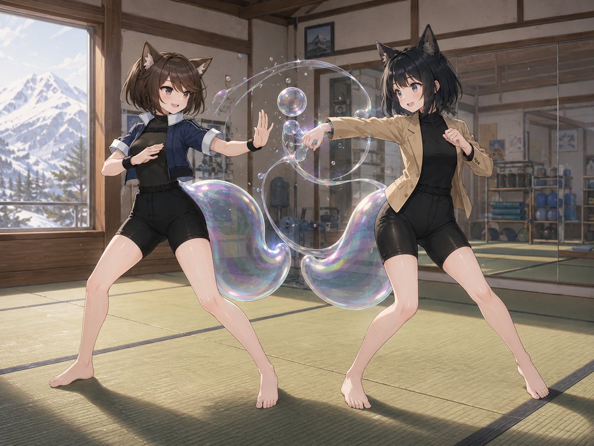 Anime Catgirl Dojo Sparring — Iridescent Bubble Magic