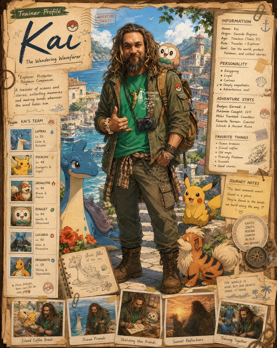 Anime Pokémon Trainer Profile Scrapbook Poster — Sora 2 Prompt