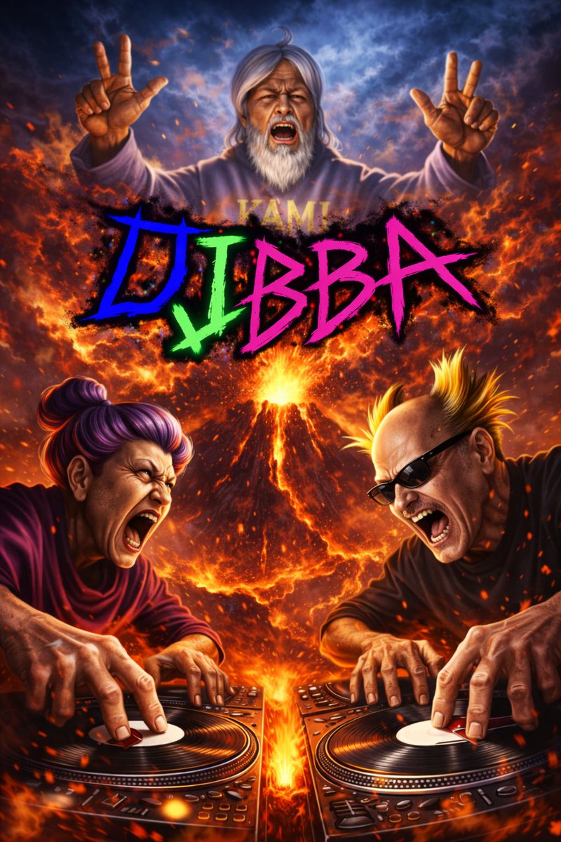 Elderly DJ Volcano Poster — Fiery Apocalyptic Art Prompt