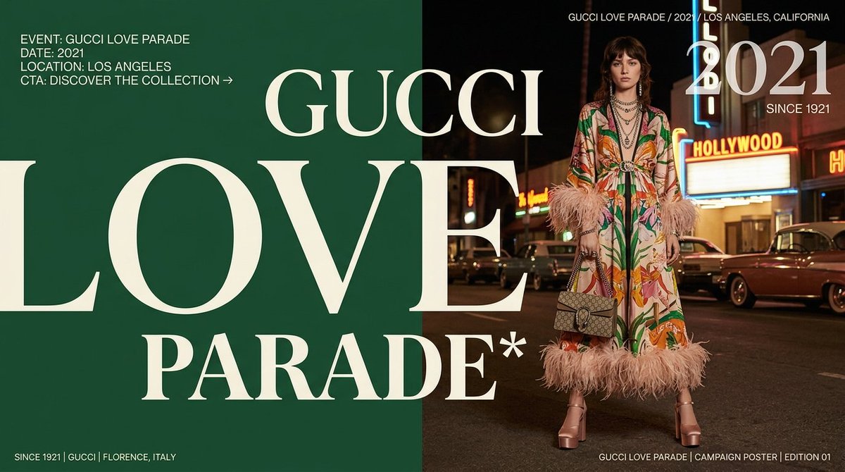 Gucci Love Parade Poster — Luxury Hollywood Fashion Ad Prompt